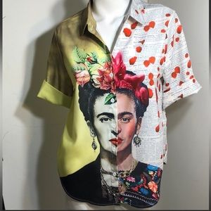 Frida Kahlo Rose Petals Wearable Art Button Front Blouse Top Shirt
